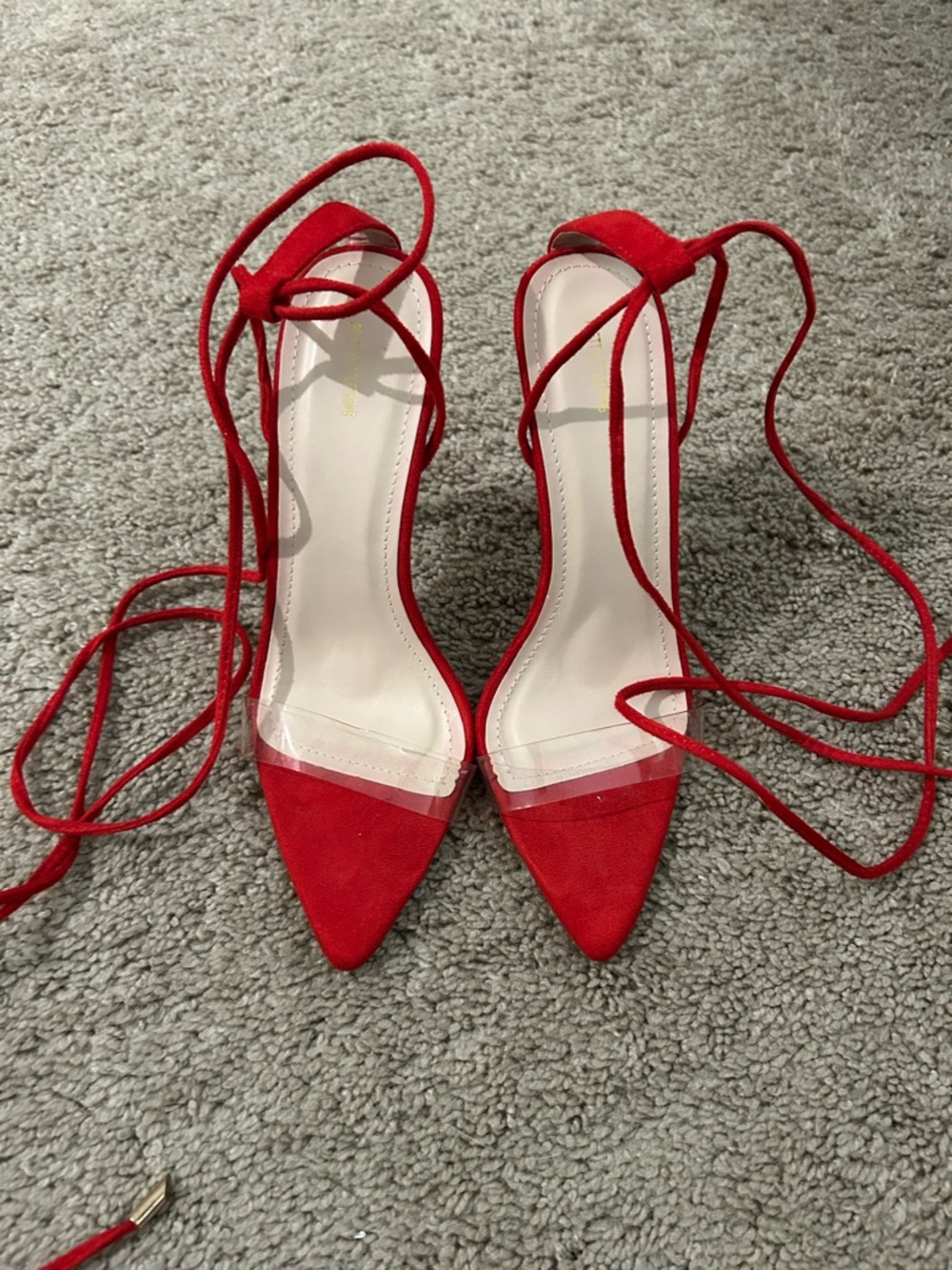 PrettyLittleThing Red Pointed Lace-Up Heels with Clear Strap